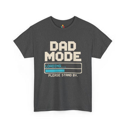 TEEZOCA dark gray “Dad Mode Loading Please Stand By” retro gaming dad t‑shirt displayed flat.