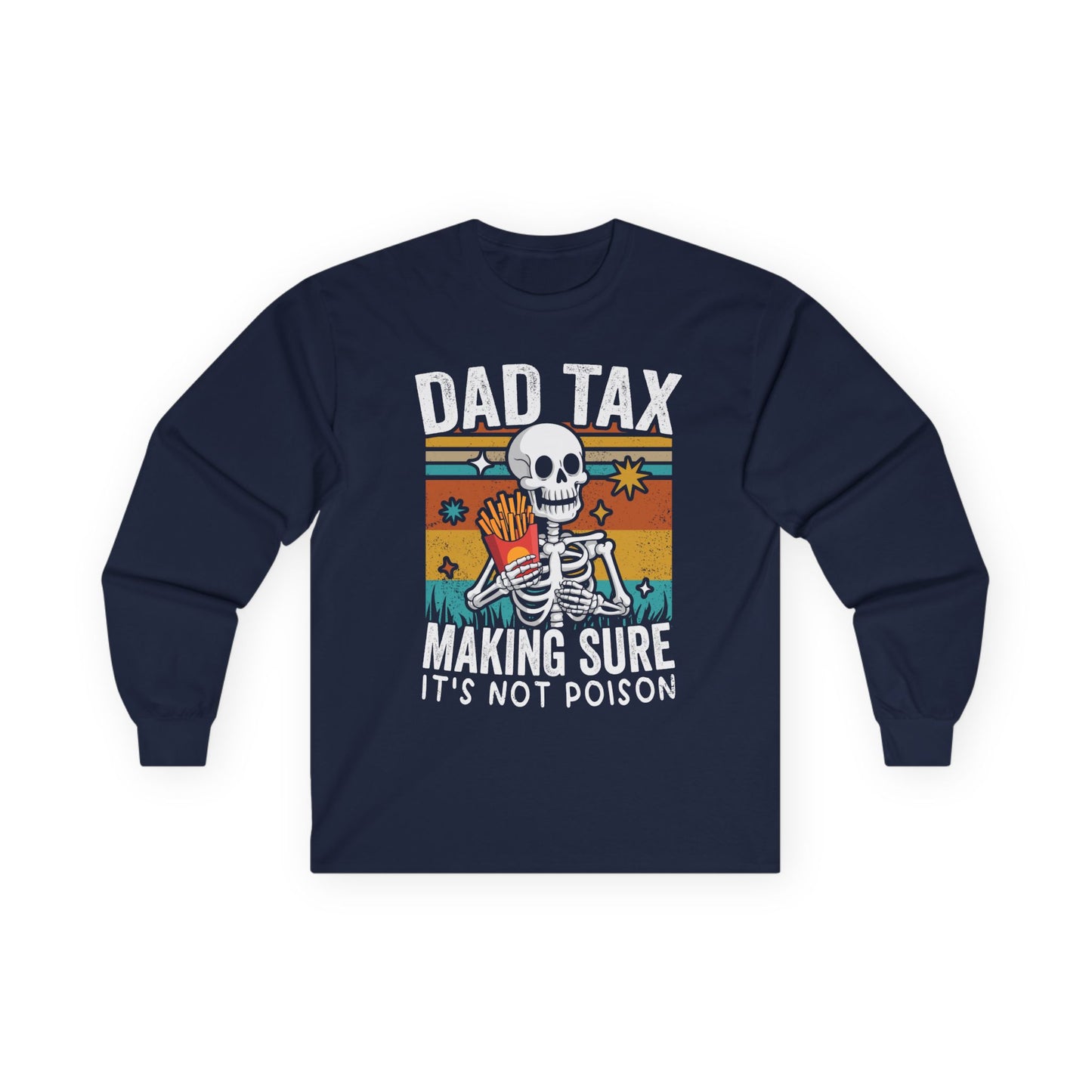 Navy blue long-sleeve shirt with a skeleton graphic and text on a white background