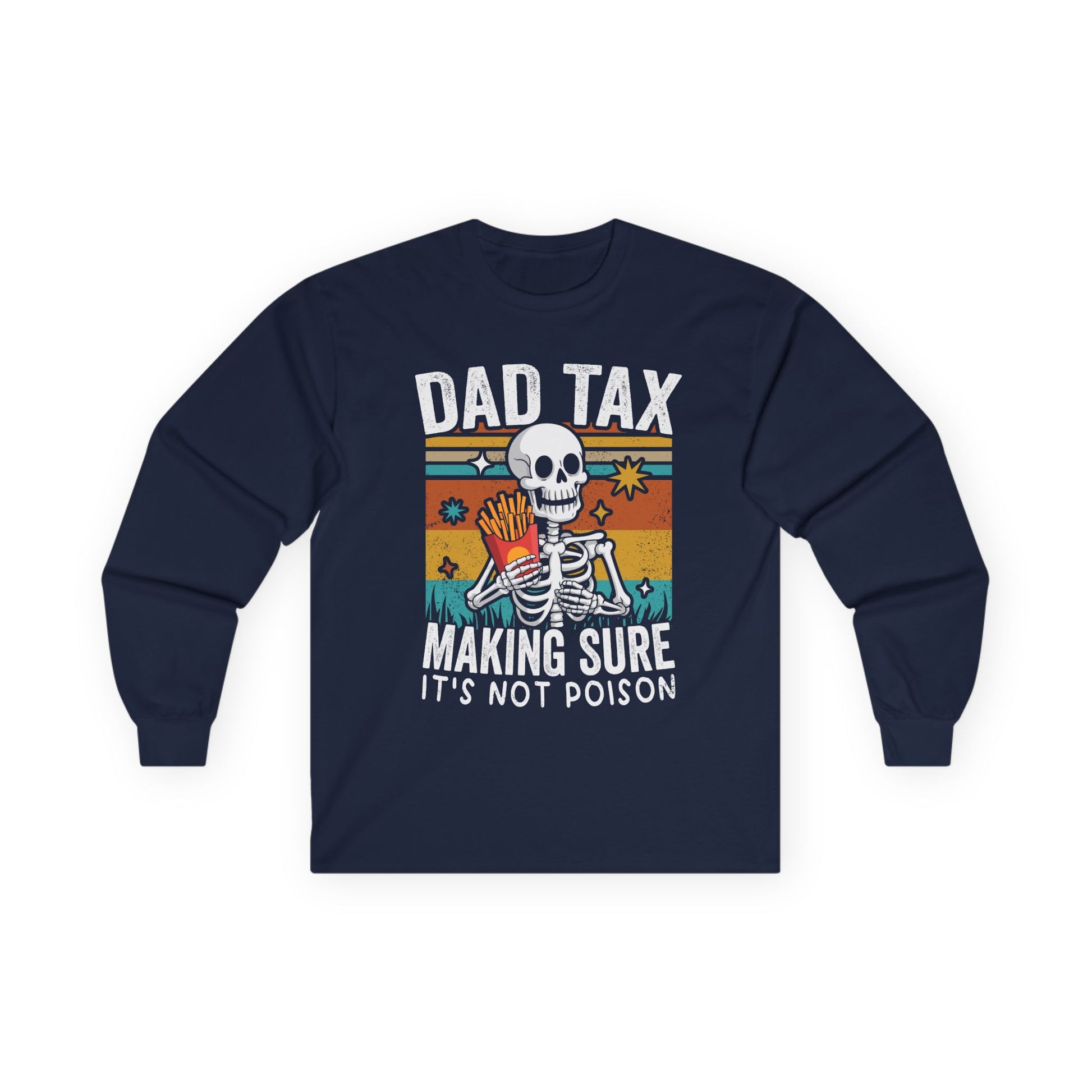 Navy blue long-sleeve shirt with a skeleton graphic and text on a white background