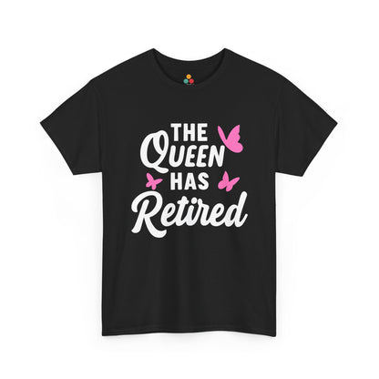 “Teezoca The Queen Has Retired shirt, white text with pink butterflies on black tee, front view.”
