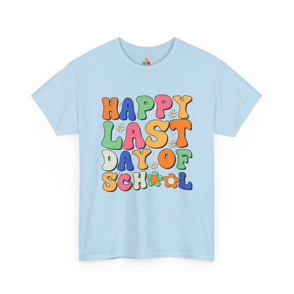 “Teezoca Happy Last Day of School shirt, groovy school’s out graphic, light blue tee, front view.”

