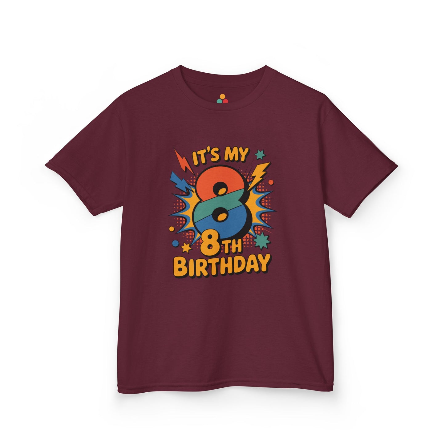 “Maroon t‑shirt featuring ‘It’s My 8th Birthday’ comic design with colorful 8 and starburst, children’s birthday tee, flat display.”

