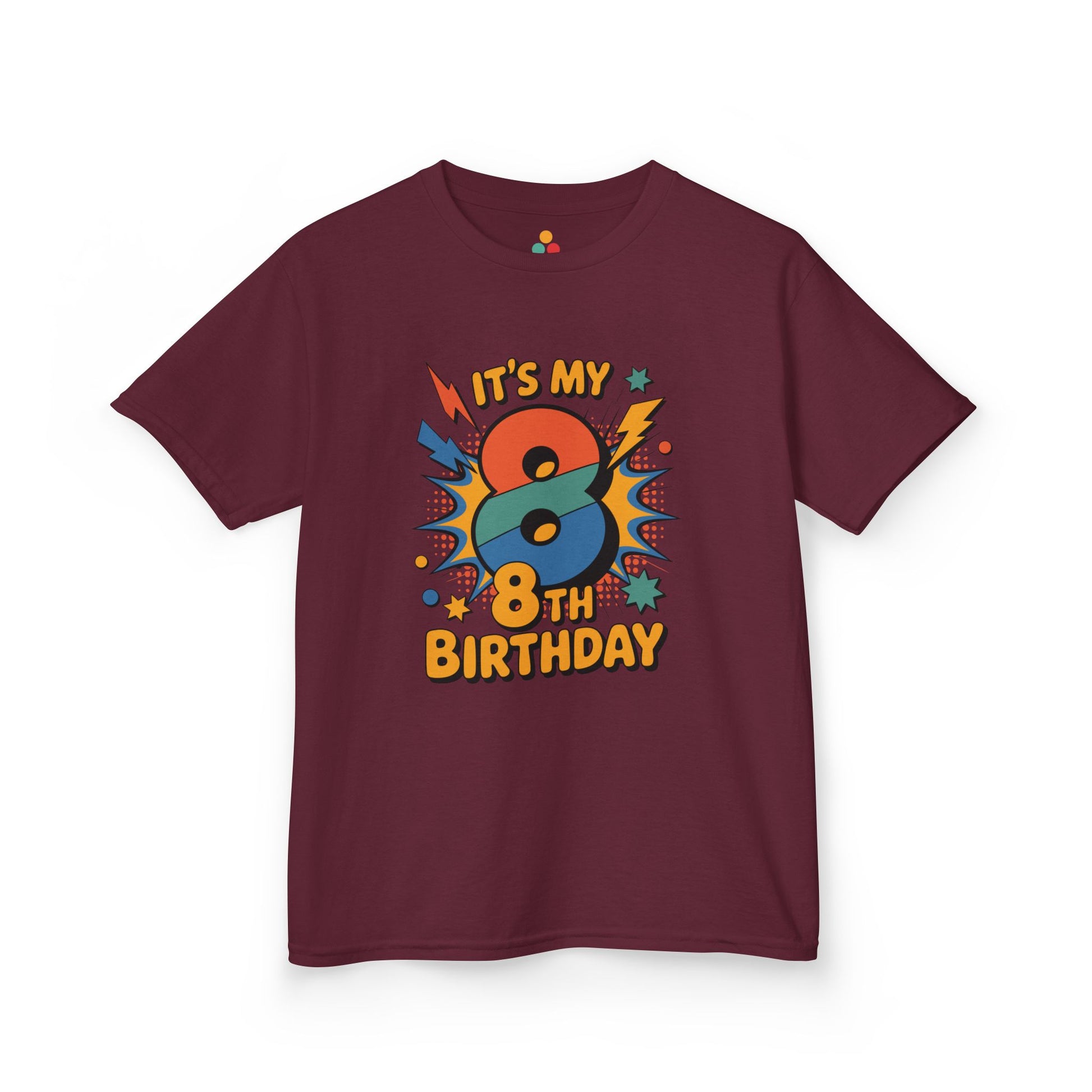 “Maroon t‑shirt featuring ‘It’s My 8th Birthday’ comic design with colorful 8 and starburst, children’s birthday tee, flat display.”

