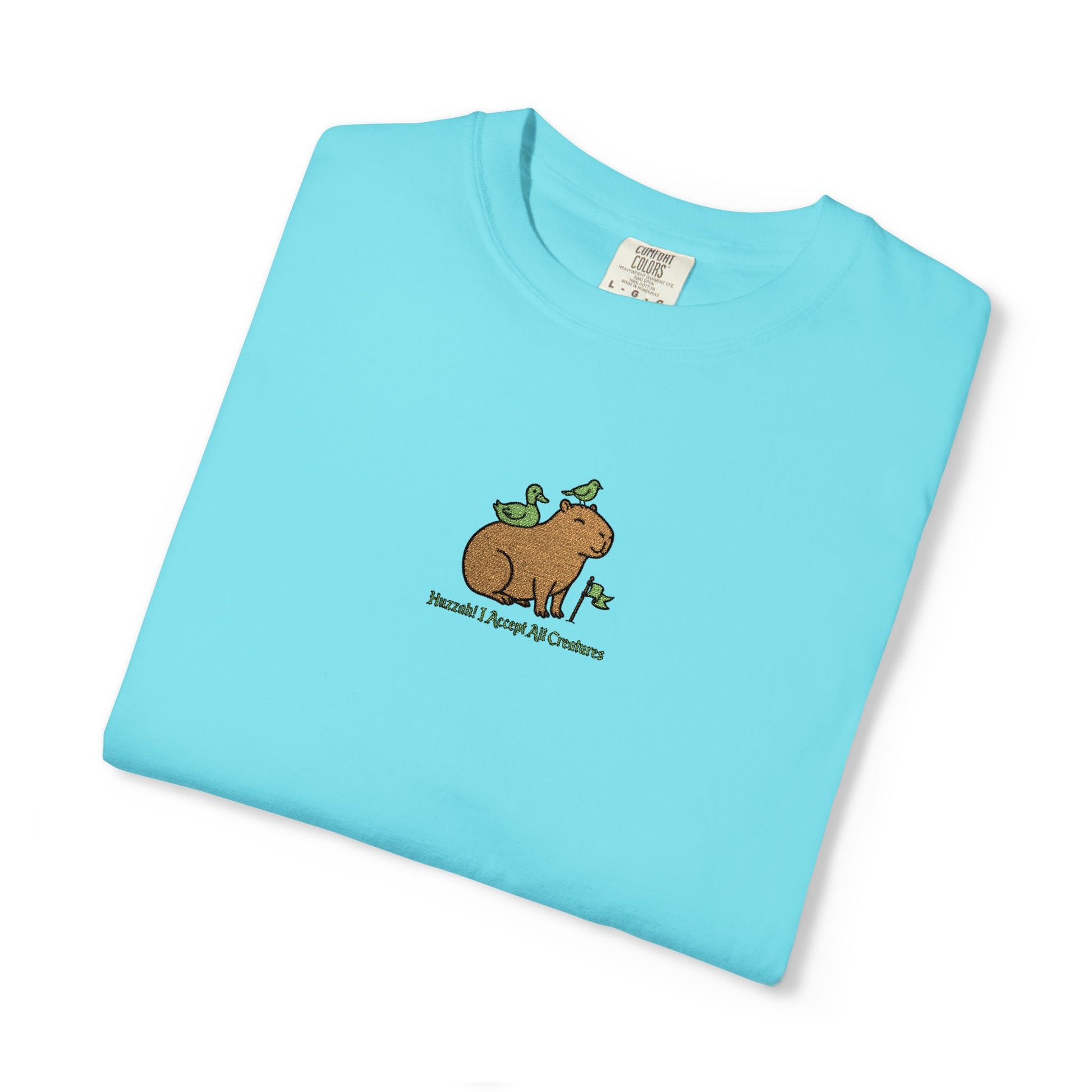 Comfort Colors® Huzzah! I Accept All Creatures Capybara Embroidered T-Shirt | TEEZOCA 