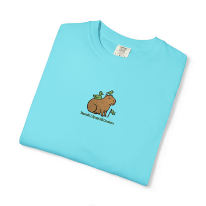 Comfort Colors® Huzzah! I Accept All Creatures Capybara Embroidered T-Shirt | TEEZOCA 