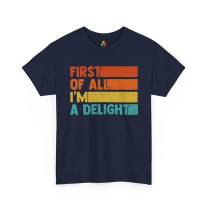 “Navy blue  versions of retro ‘First Of All I’m A Delight’ t‑shirt, flat front views.”

