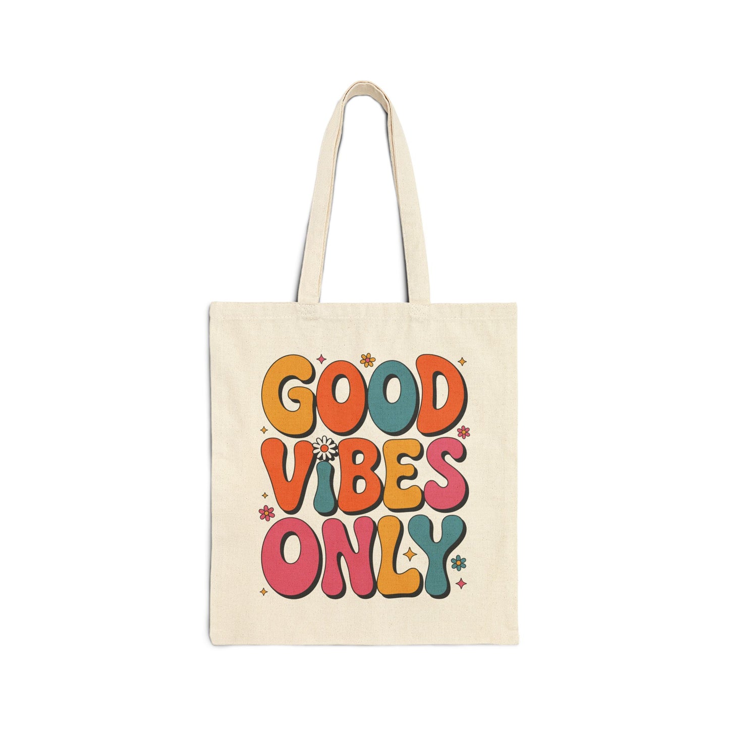 TEEZOCA tote bag with Good Vibes Only colorful typography design