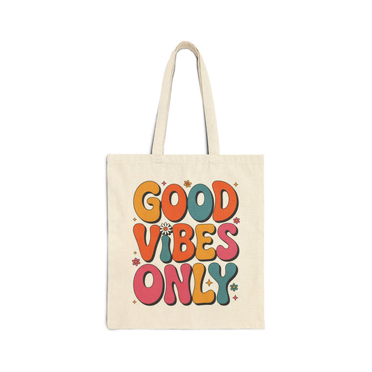 TEEZOCA tote bag with Good Vibes Only colorful typography design