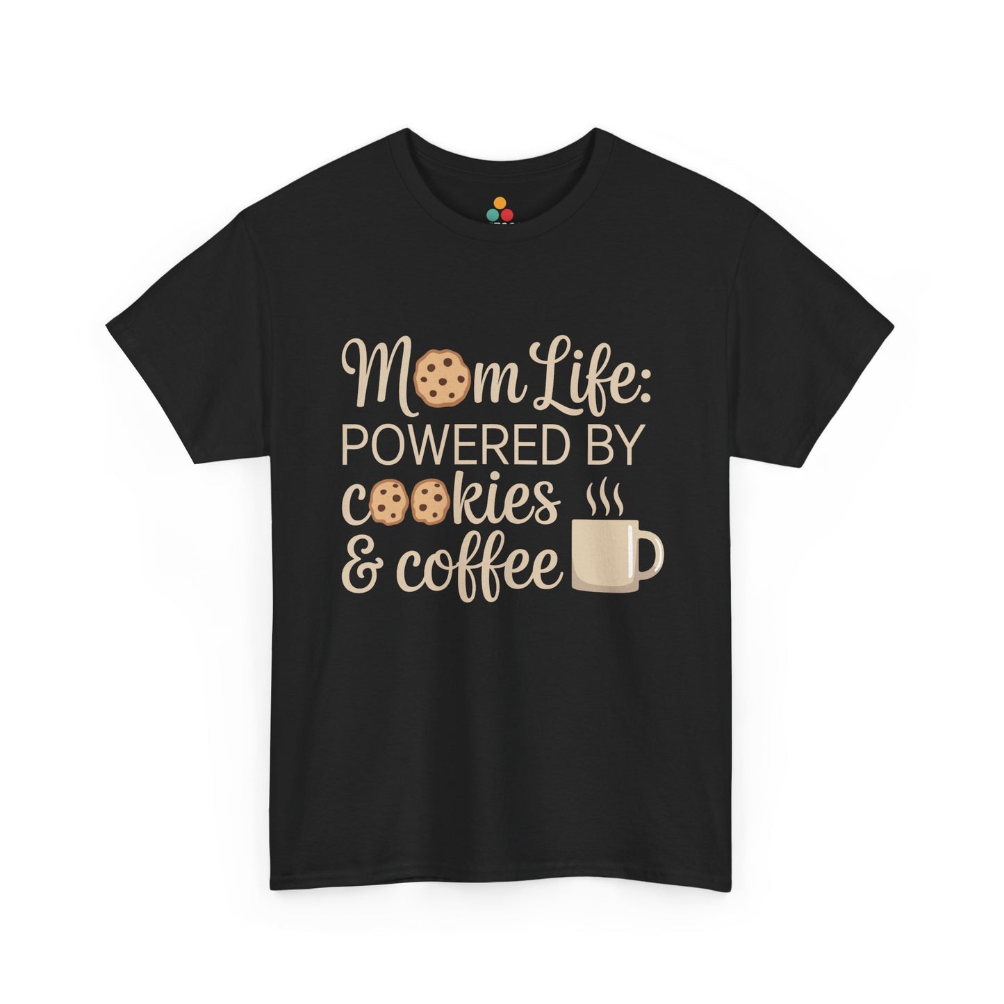 TEEZOCA black “Mom Life: Powered By Cookies & Coffee” funny mom t‑shirt shown flat.