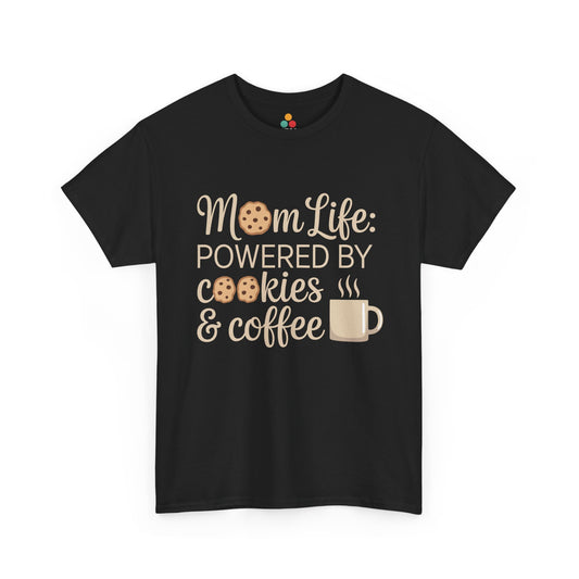 TEEZOCA black “Mom Life: Powered By Cookies & Coffee” funny mom t‑shirt shown flat.