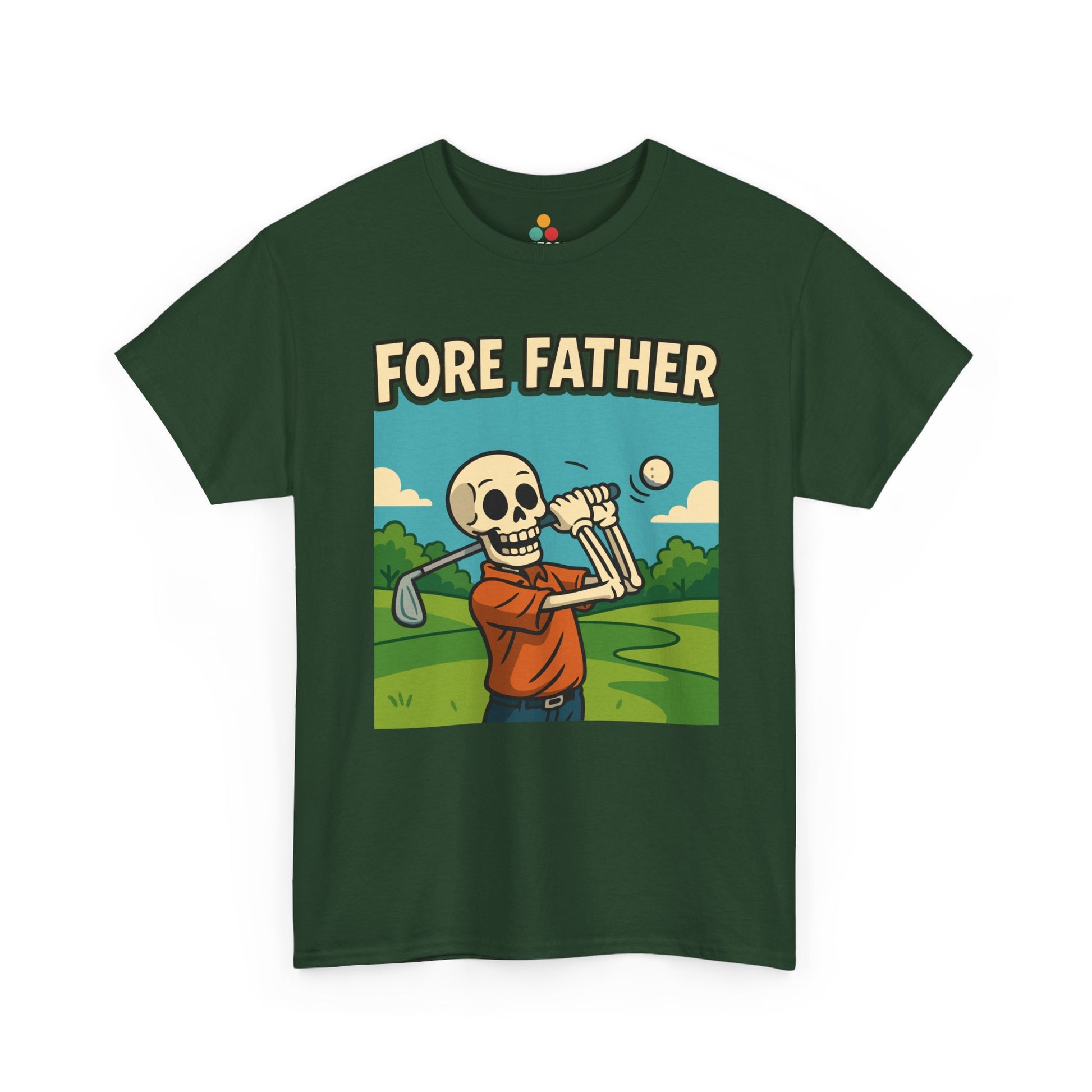 Green t-shirt with a skeleton playing golf graphic and 'FORE FATHER' text on a white background
