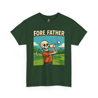 Green t-shirt with a skeleton playing golf graphic and 'FORE FATHER' text on a white background