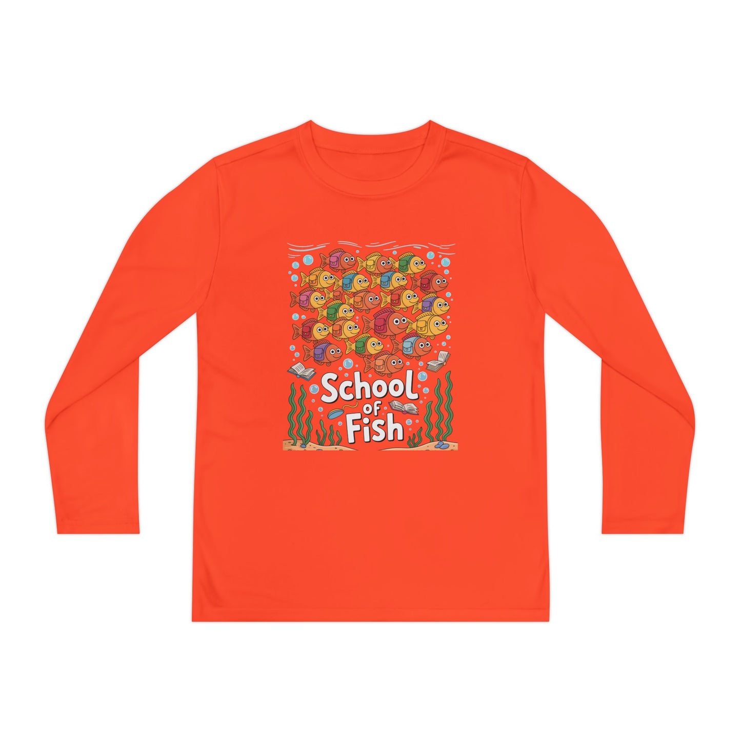 Youth Long Sleeve Tee – "School of Fish" Colorful Kids Graphic Shirt TEEZOCA