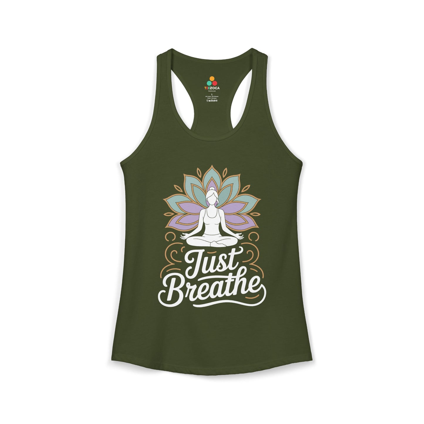 Green tank top with a yoga-themed design and 'Just Breathe' text on a white background. TEEZOCA women’s yoga tank top with “Just Breathe” meditation and lotus mandala design