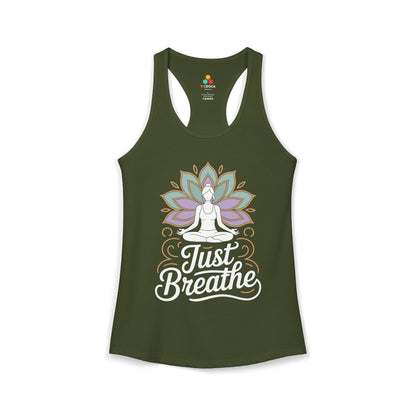 Green tank top with a yoga-themed design and 'Just Breathe' text on a white background. TEEZOCA women’s yoga tank top with “Just Breathe” meditation and lotus mandala design