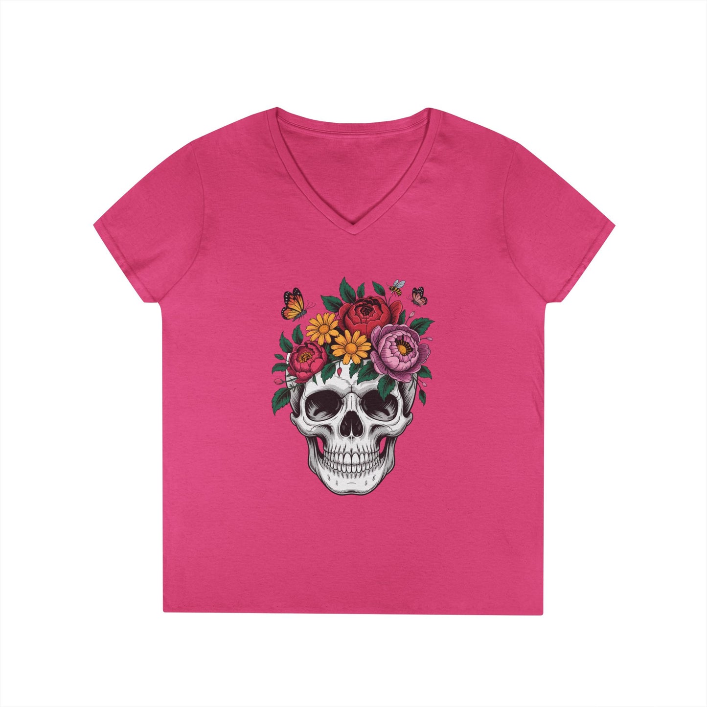 Floral Skull Botanical Art V-Neck T-Shirt for Women | TEEZOCA 
