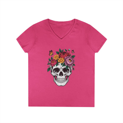 Floral Skull Botanical Art V-Neck T-Shirt for Women | TEEZOCA 