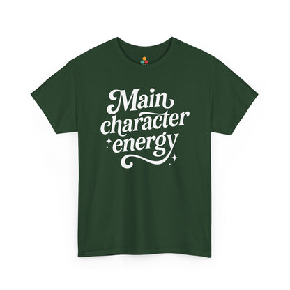 “Teezoca Main Character Energy shirt, aesthetic script confidence quote, forest green tee, flat lay.”

