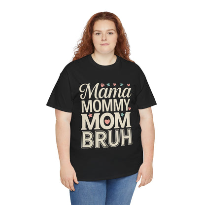 Woman wearing a black TEEZOCA “Mama Mommy Mom Bruh” mom life tee with jeans.