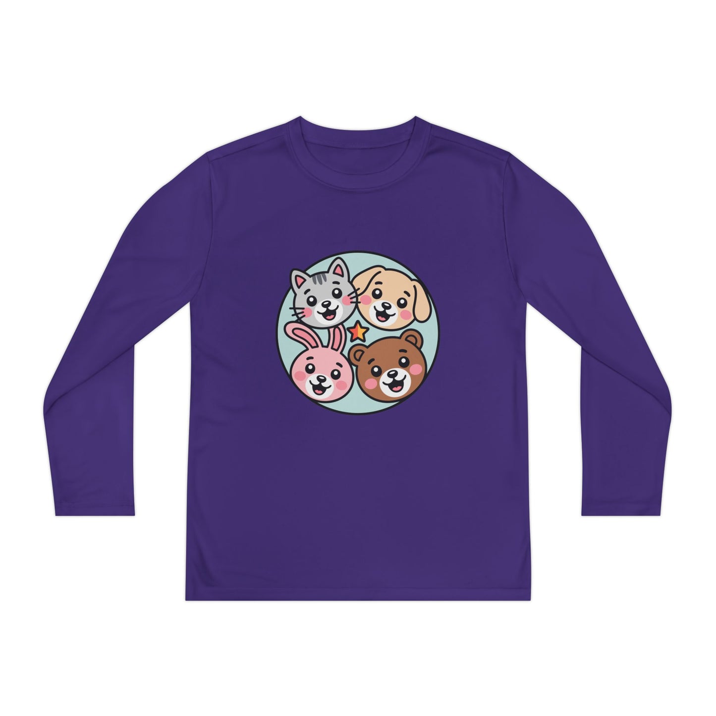 Kids Long Sleeve Tee — Cute Animal Friends Circle (Dog, Cat, Bunny, Bear) TEEZOCA