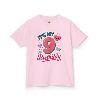 “Light pink ‘It’s My 9th Birthday’ t‑shirt, bold pink number 9 with cute hearts and sparkles, girls birthday top, flat view.”