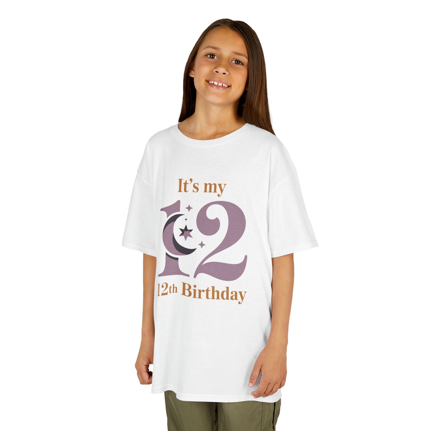 Young girl wearing a white t-shirt with 'It's my 12th Birthday' text on a white background