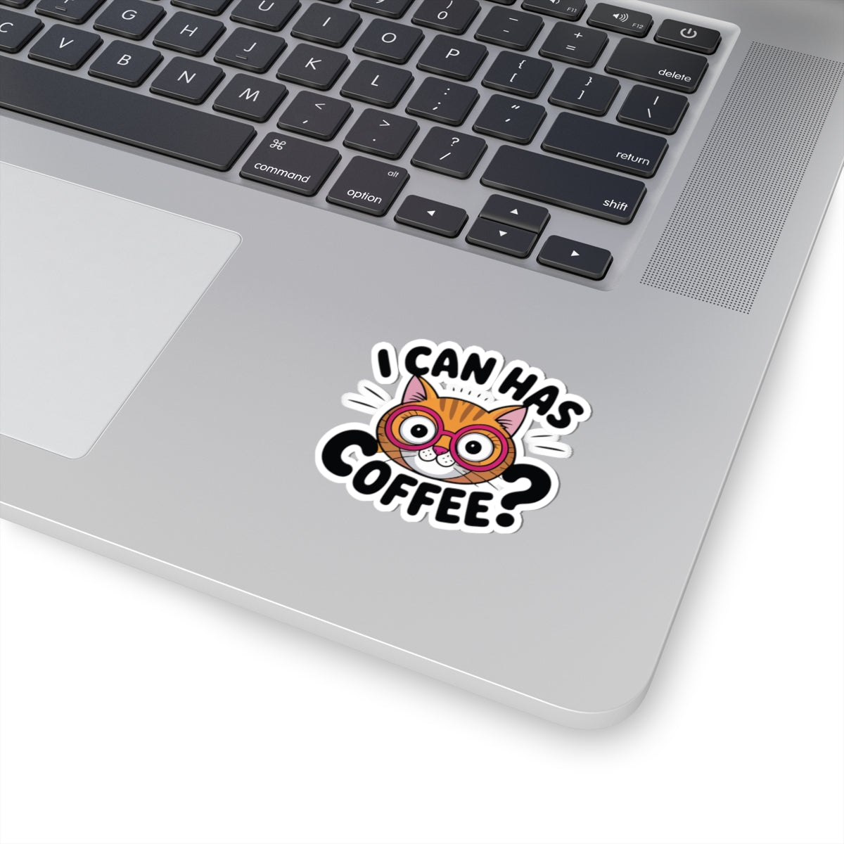 Laptop with a sticker of a cat wearing glasses and the text 'I can has coffee?' on a white background. TEEZOCA