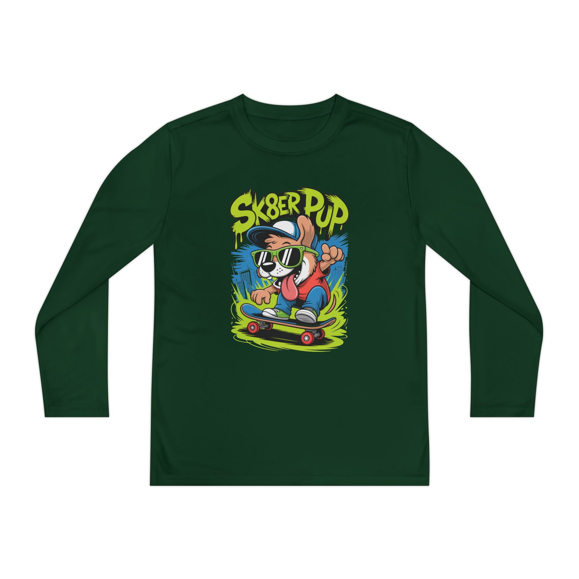 Sk8er Pup Skateboard Youth Long Sleeve Tee — Retro Skate Dog Graphic TEEZOCA