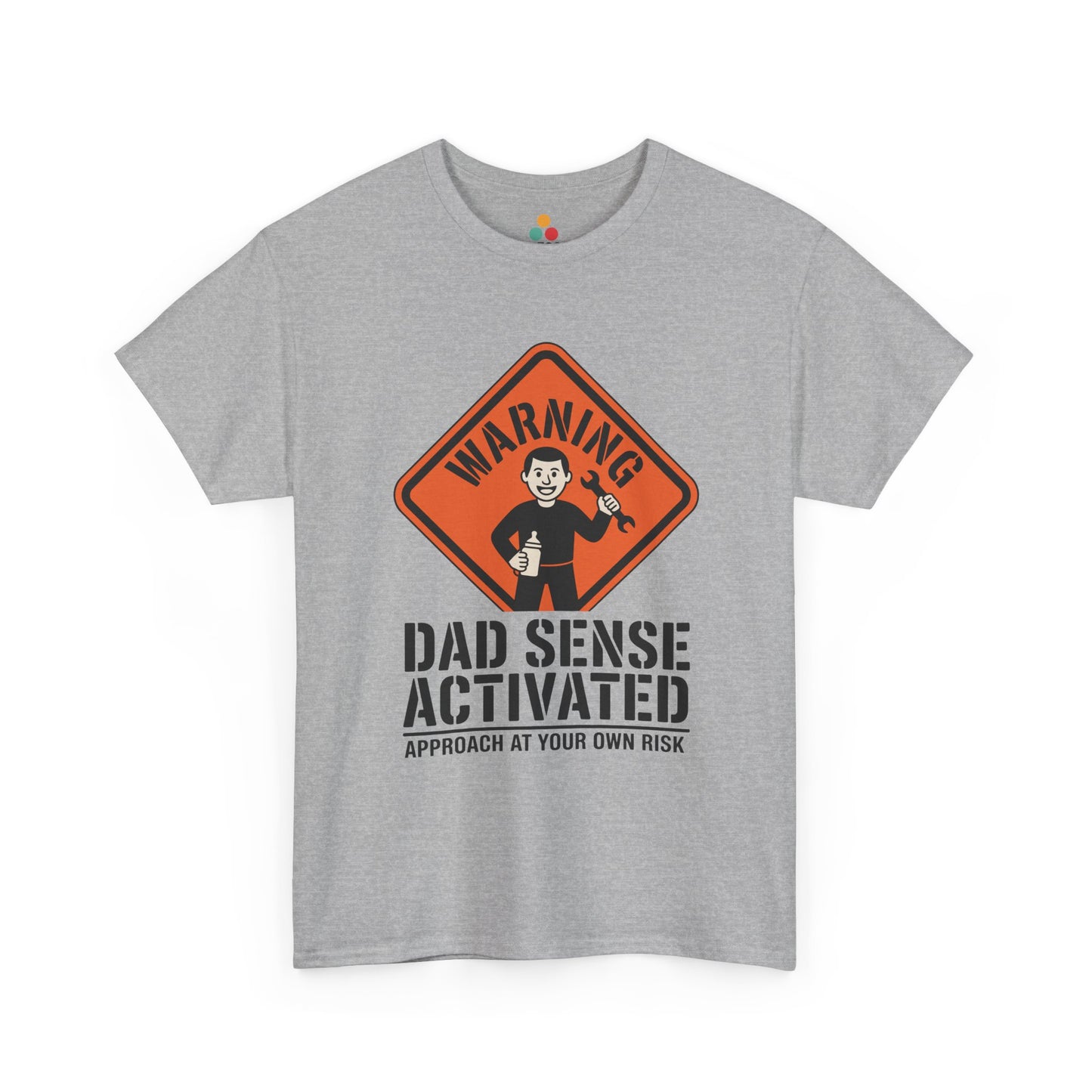 TEEZOCA sport gray “Warning Dad Sense Activated Approach At Your Own Risk” funny new dad t-shirt displayed on a plain background.