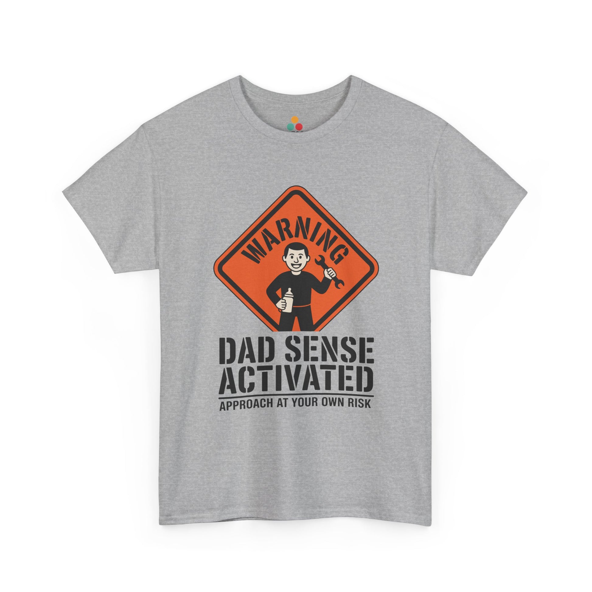 TEEZOCA sport gray “Warning Dad Sense Activated Approach At Your Own Risk” funny new dad t-shirt displayed on a plain background.