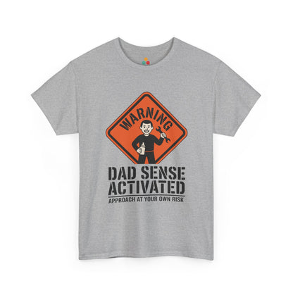 TEEZOCA sport gray “Warning Dad Sense Activated Approach At Your Own Risk” funny new dad t-shirt displayed on a plain background.