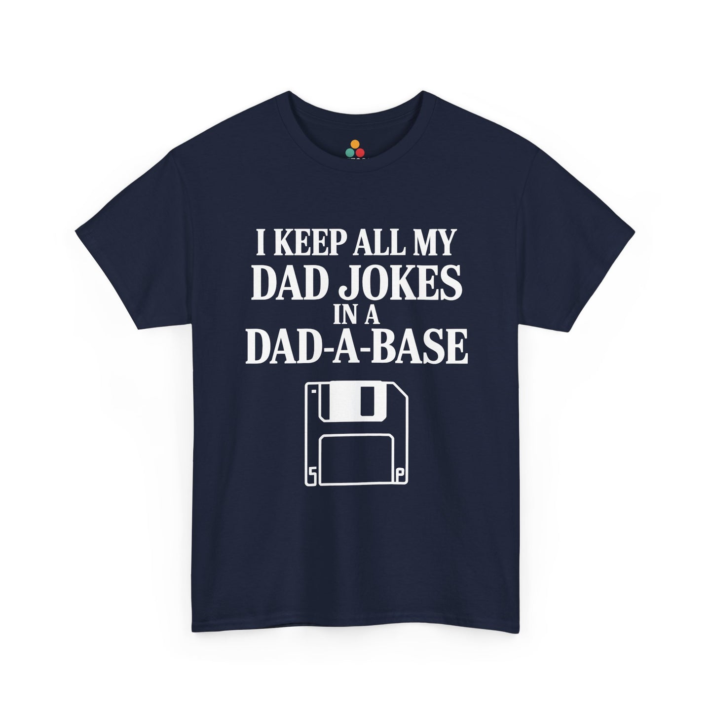 Navy blue t-shirt with white text and floppy disc graphic on a white background. TEEZOCA Funny Dad Gift.