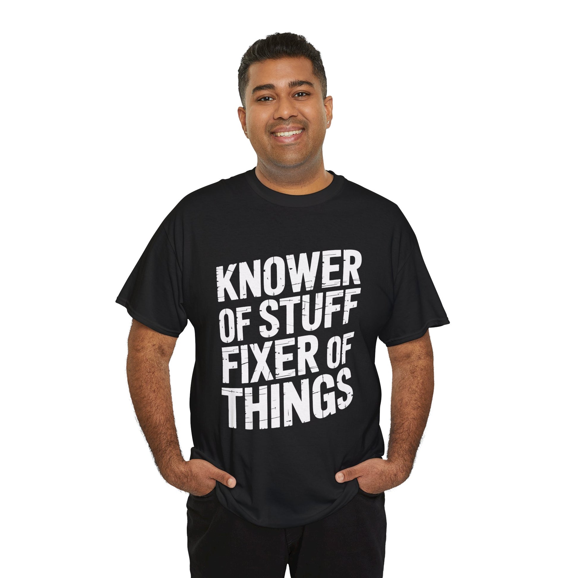TEEZOCA Funny Father's Day Shirt. Man wearing a black t-shirt with 'KNOWER OF STUFF FIXER OF THINGS' text on a white background