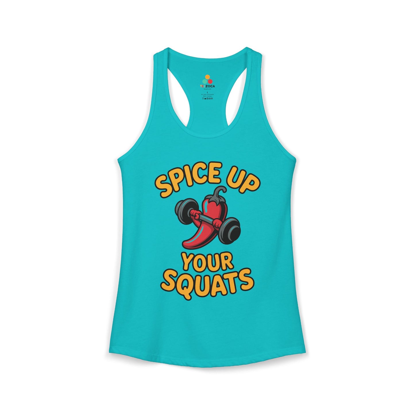 Turquoise tank top with 'Spice Up Your Squats' graphic on a white background. TEEZOCA women’s fitness tank top with humorous squat and gym motivation artwork