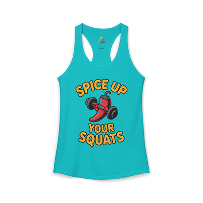 Turquoise tank top with 'Spice Up Your Squats' graphic on a white background. TEEZOCA women’s fitness tank top with humorous squat and gym motivation artwork