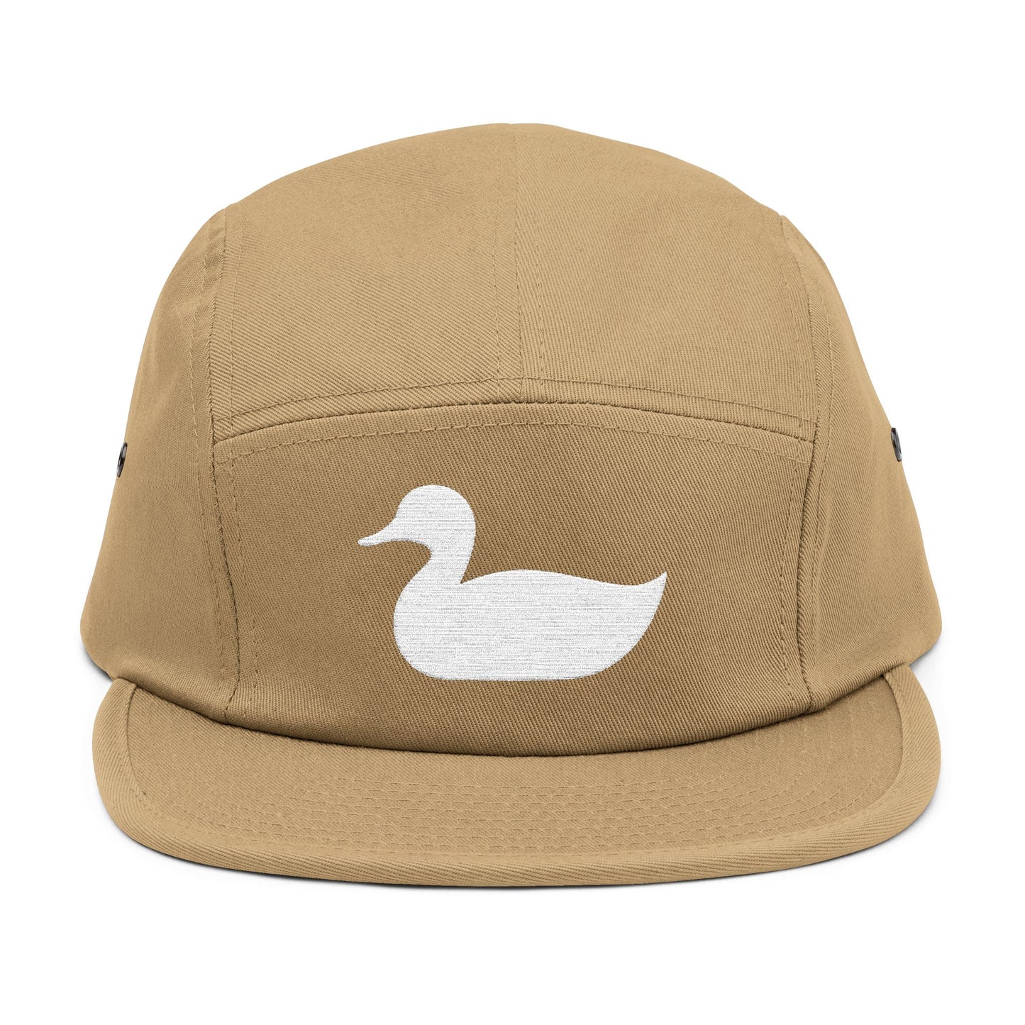 Tan cap with a white duck logo on a white background. Minimal duck silhouette embroidered on 5-panel cap by TEEZOCA