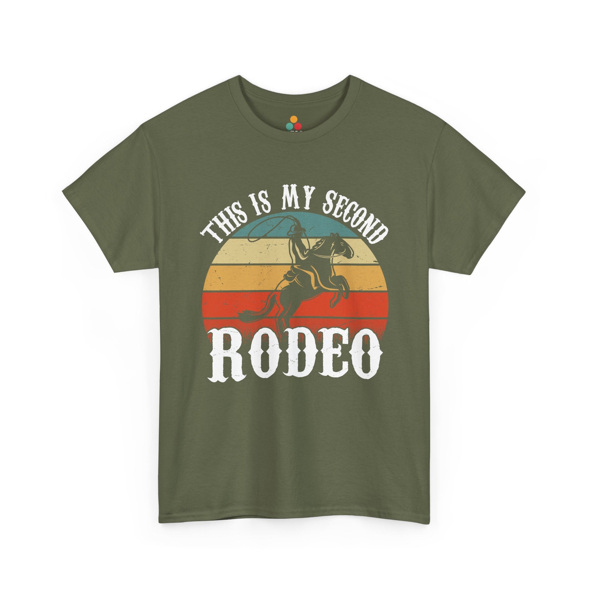 Green t-shirt with a graphic design of a cowboy on a horse and text 'This is my second RODEO' on a white background.
