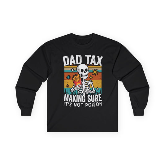 Black long-sleeve shirt with a skeleton design and text on a white background