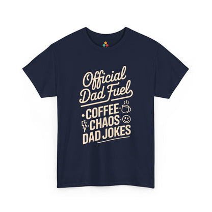 TEEZOCA navy “Official Dad Fuel Coffee Chaos Dad Jokes” novelty coffee and dad jokes T‑shirt shown flat.