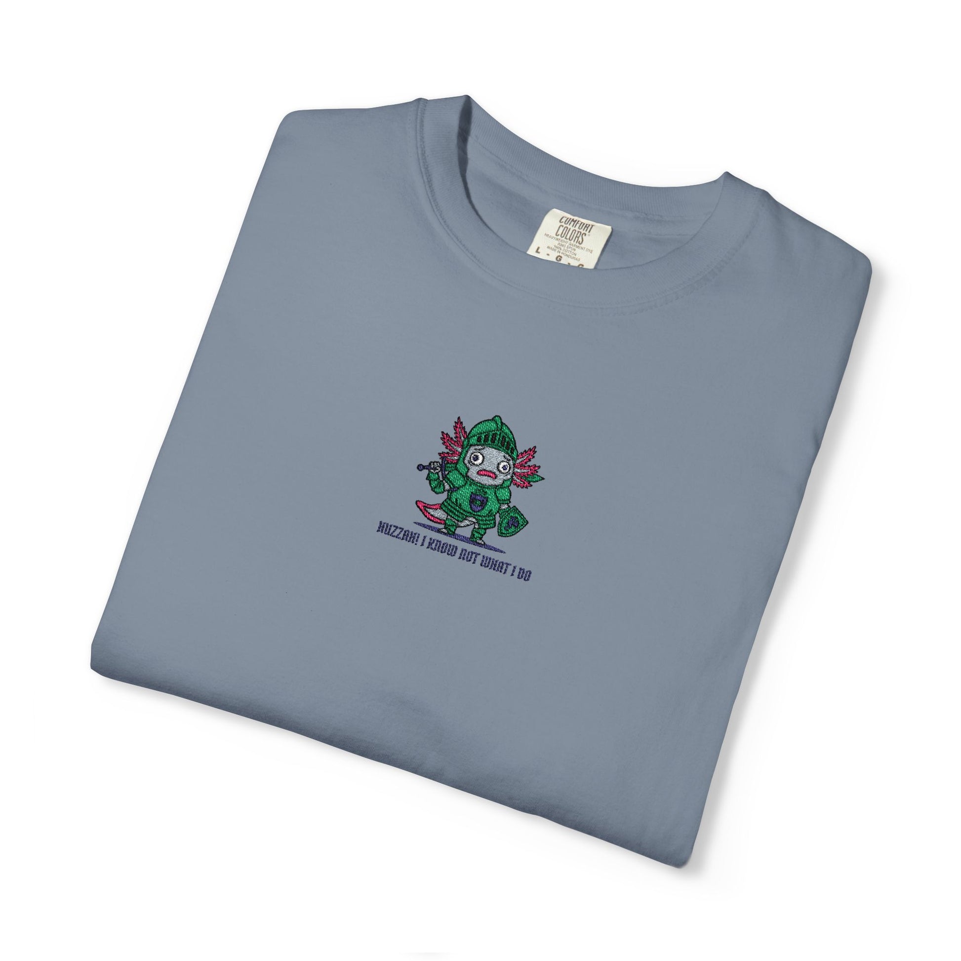 Comfort Colors® Axolotl Knight Embroidered T-Shirt – Huzzah! I Know Not What I Do | TEEZOCA 