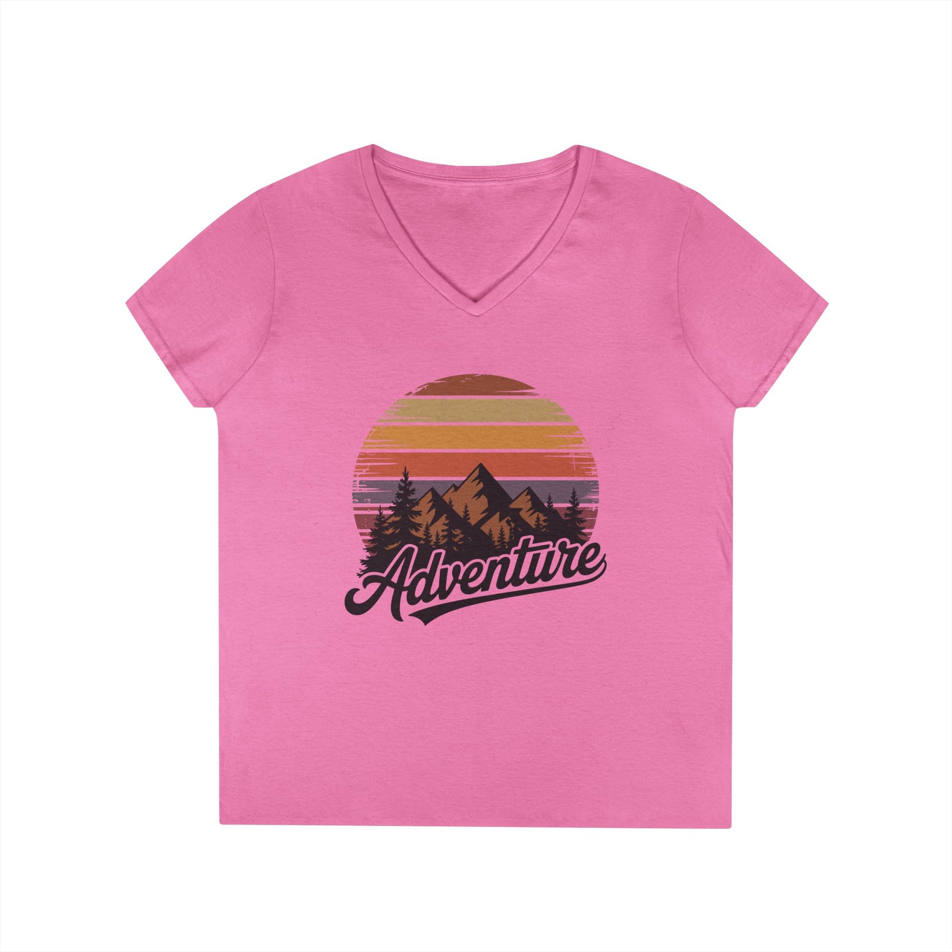 Adventure Retro Sunset Mountains V-Neck T-Shirt for Women | TEEZOCA 