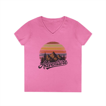 Adventure Retro Sunset Mountains V-Neck T-Shirt for Women | TEEZOCA 