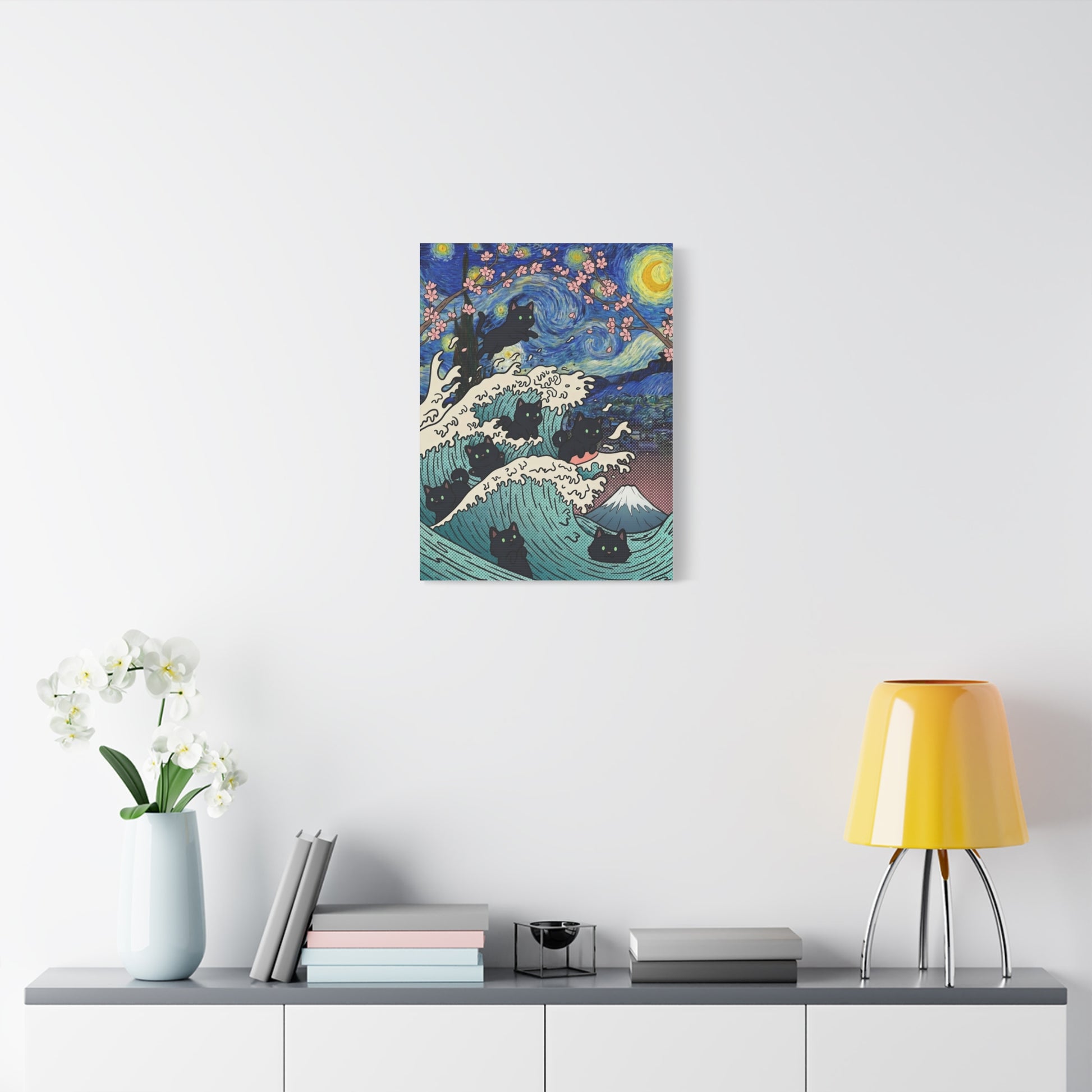 Starry Night Black Cat Wave Canvas Art – Aesthetic Fine Art Decor | TEEZOCA 