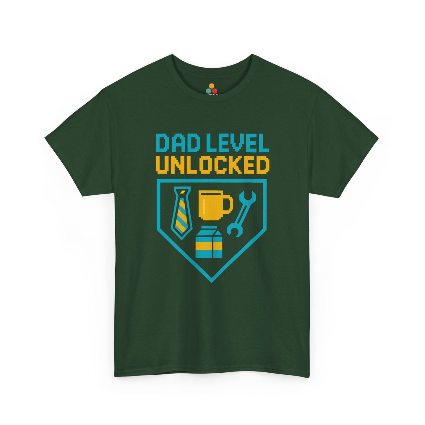"Forest green  Dad Level Unlocked' shirts with retro achievement badge design, flat front view."

