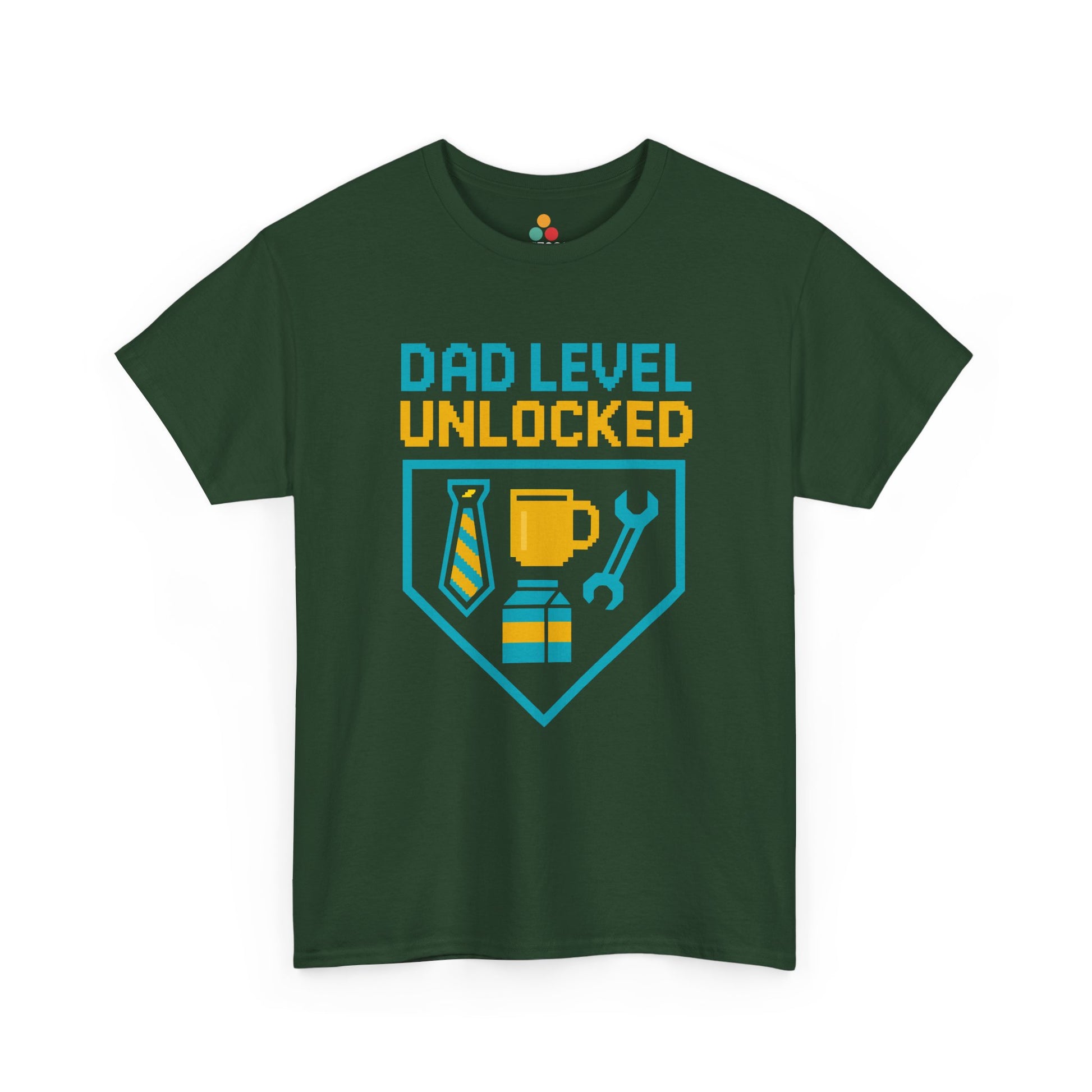 "Forest green  Dad Level Unlocked' shirts with retro achievement badge design, flat front view."

