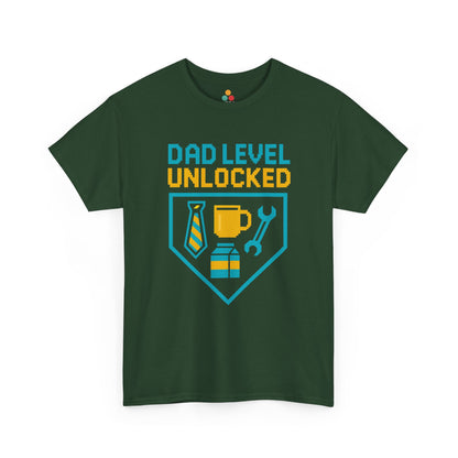 "Forest green  Dad Level Unlocked' shirts with retro achievement badge design, flat front view."

