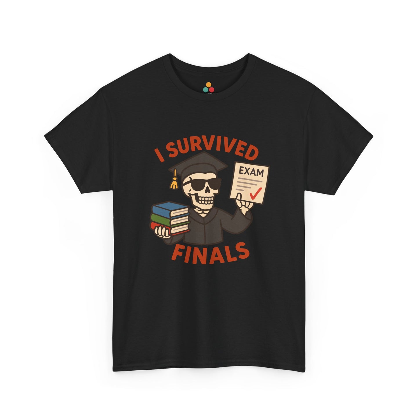 “Black t‑shirt with cartoon graduate holding books and an exam paper, surrounded by the words ‘I SURVIVED FINALS,’ flat front view.”

