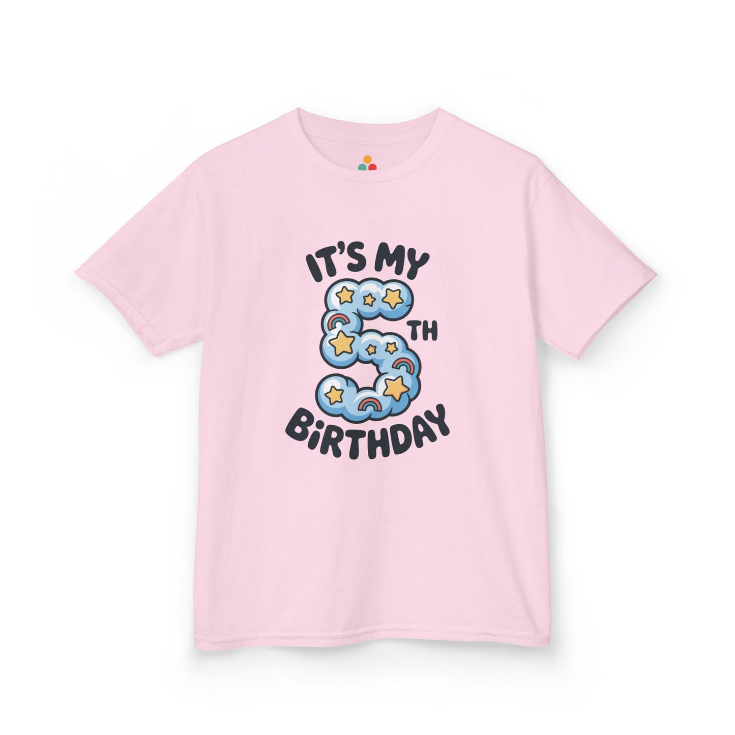  Light pink kids’ t‑shirt with blue cloud number 5, yellow stars, mini rainbows, and “It’s My 5th Birthday” text, flat front view.