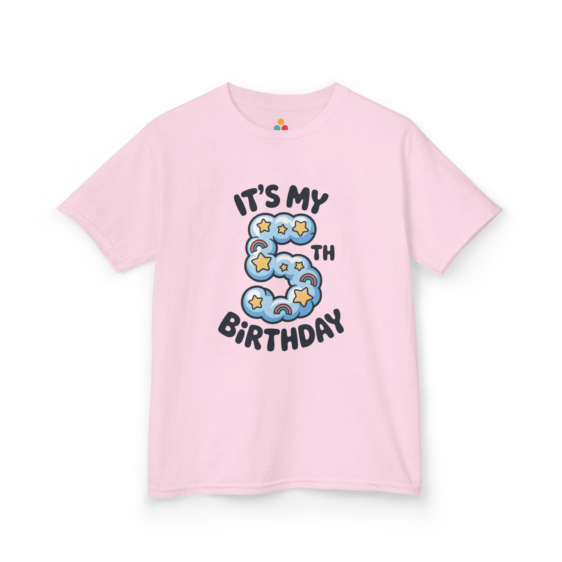  Light pink kids’ t‑shirt with blue cloud number 5, yellow stars, mini rainbows, and “It’s My 5th Birthday” text, flat front view.