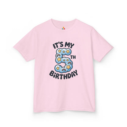  Light pink kids’ t‑shirt with blue cloud number 5, yellow stars, mini rainbows, and “It’s My 5th Birthday” text, flat front view.